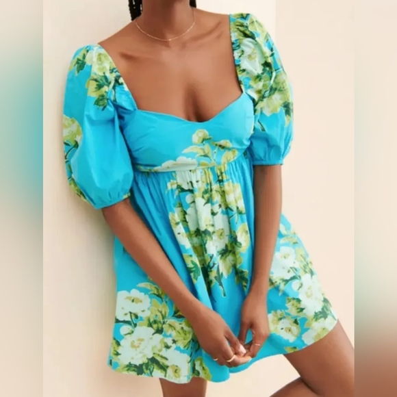 Free People Dresses & Skirts - Free People Peony Babydoll Mini Dress Blue Green Pop Combo Puff Sleeves- XL